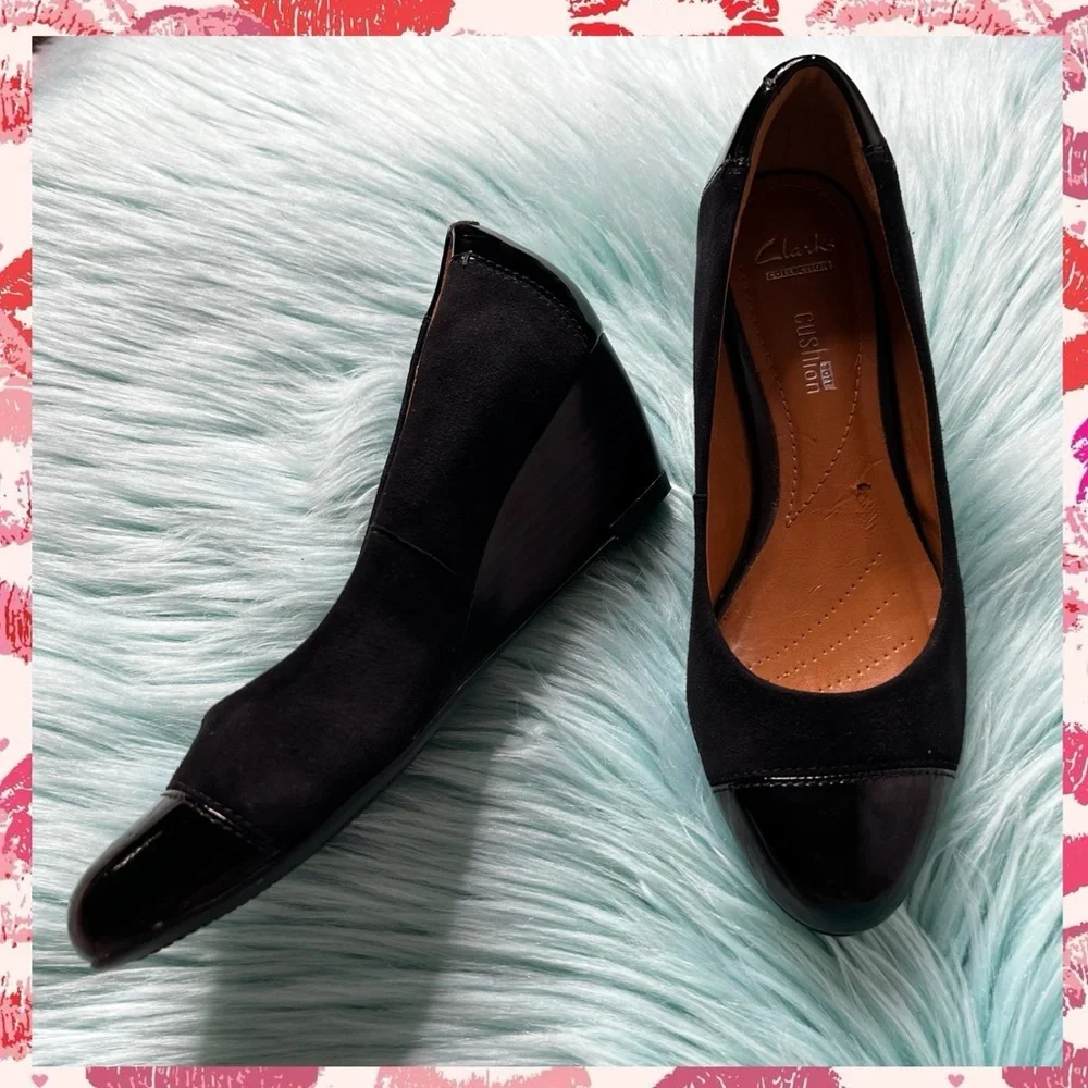 Clarks Black SUEDE & PATENT LEATHER Cap Toe Soft Cushion Low Wedges Women's 6